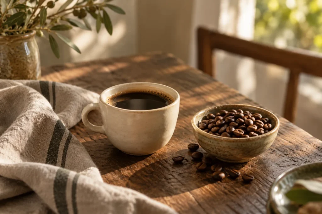 Café y granos sobre una mesa con luz cálida