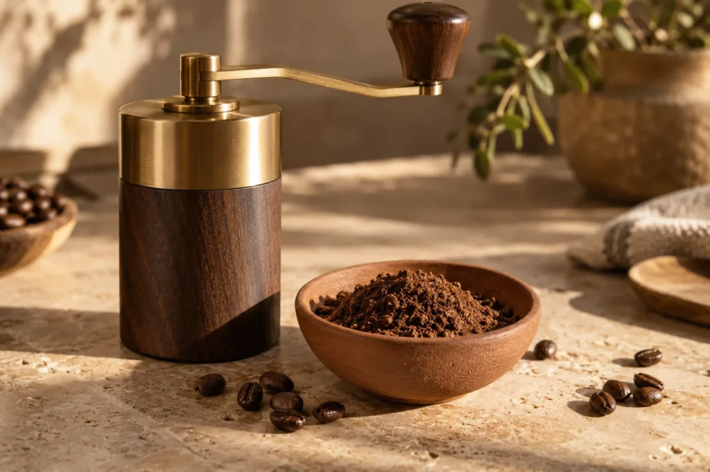 Molino manual y café recién molido