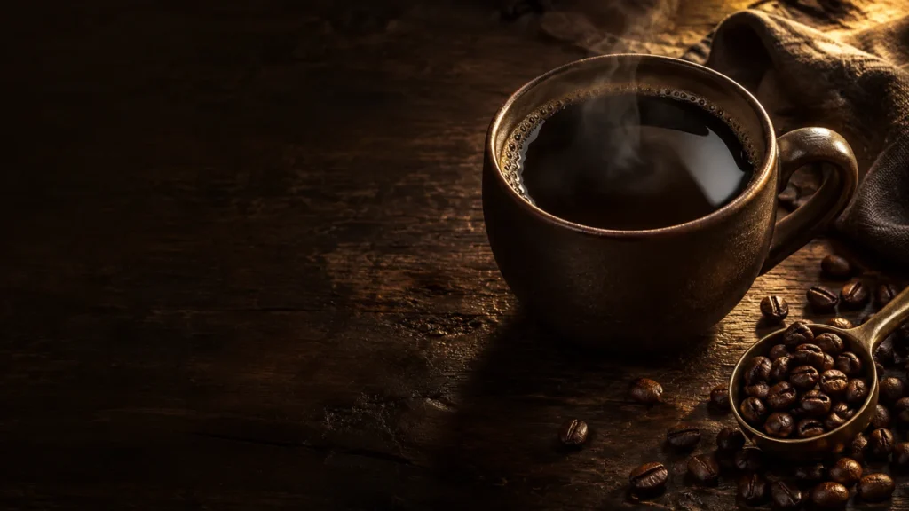 Taza de café humeante y granos tostados